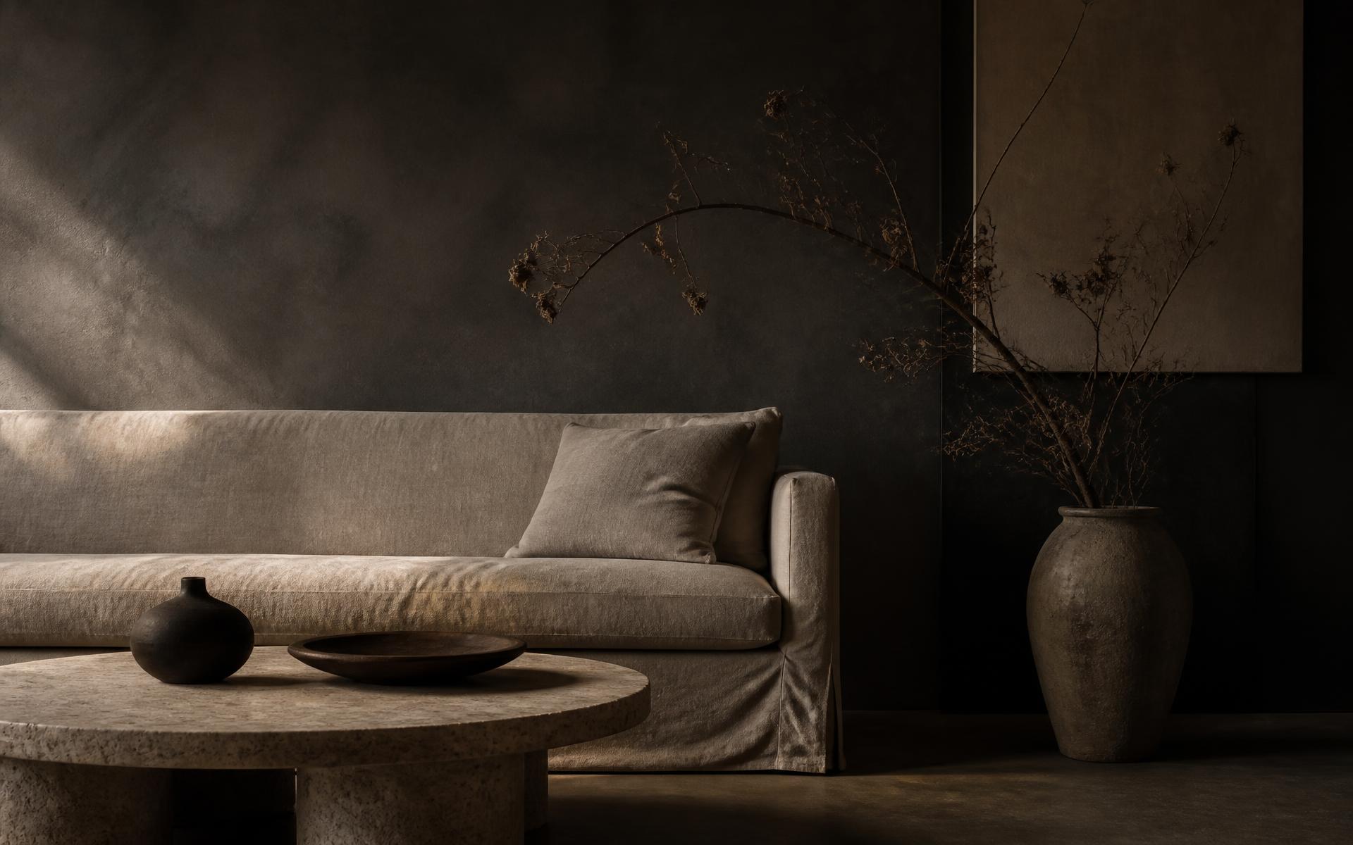 A furnished living room with a sofa, coffee table and warm lighting